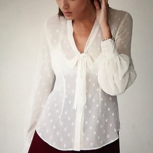 Express Petite Dot Tie Neck Shirt